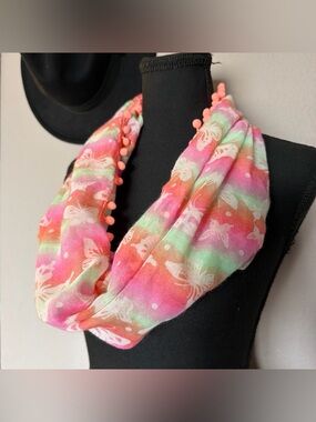 Butterfly Tie-Dye Infinity Scarf with Pom Trim - Pink Green